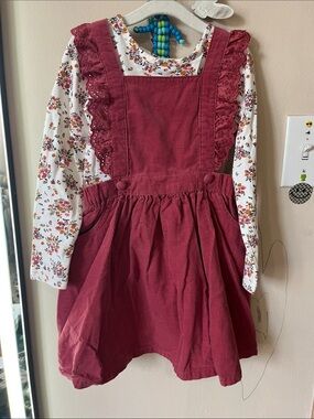 Shabby Chic Burgundy Corduroy Pinafore Dress with Floral Top